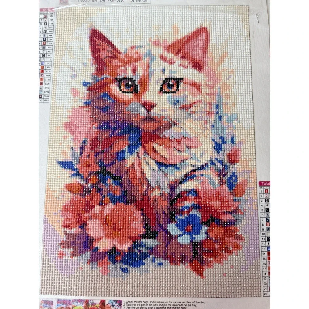 Completed Diamond Art Floral Cat Portrait Watercolor Kitten Wall Décor 12
